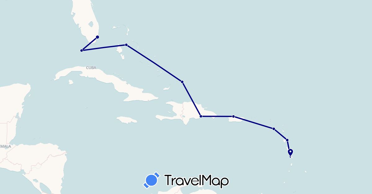 TravelMap itinerary: driving in Bahamas, Dominican Republic, France, Saint Kitts and Nevis, Turks and Caicos Islands, United States (Europe, North America)
